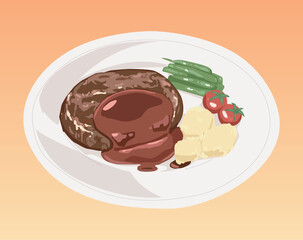 Delicious Western food: hamburger patties, steak, beef, mashed potatoes, tomato, vegetables