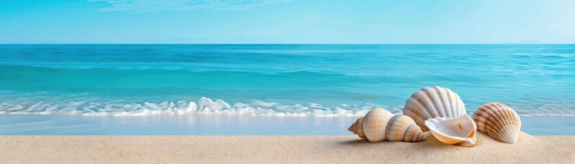 Obraz premium Serene beach scene with seashells on sand and gentle waves under a clear blue sky.