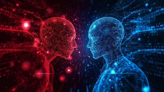 Binary Minds: A striking visual of two digital figures, each a unique color, connected and juxtaposed to represent the abstract concept of artificial intelligence.