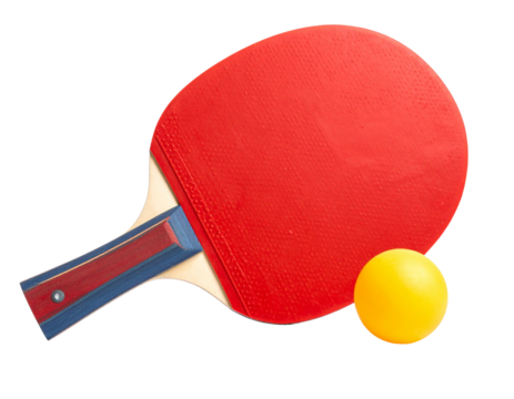 Red Table Tennis Paddle with Yellow Ball, Front Angle, isolated on transparent background (