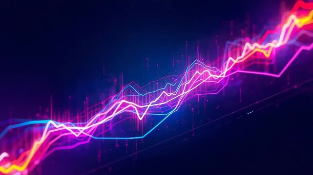 Financial Visualization: A dynamic and vibrant data visualization displaying fluctuating financial market trends, showcasing growth and volatility through colorful, interwoven lines.