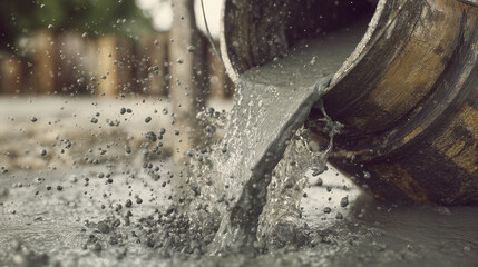 Close-up of wet concrete pouring from a mixer, capturing motion and texture. Ideal for construction, industry, engineering, architecture, infrastructure, and technology-related design projects.