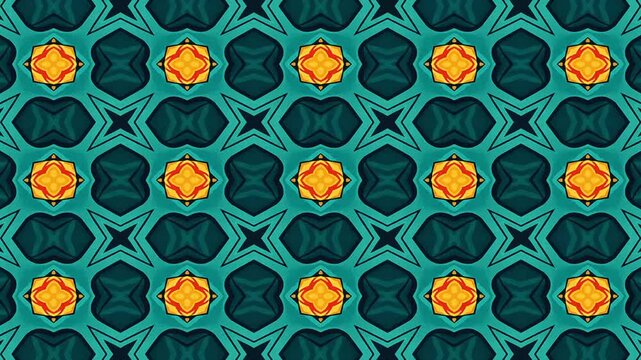 Abstract geometric pattern with repeating squares and decorative floral elements in teal and yellow