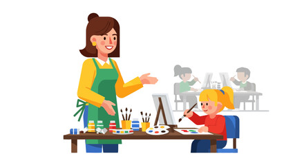 Inspiring Art Teacher Guiding Children in a Creative and Colorful Painting Workshop