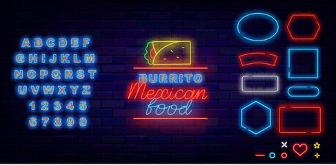 Burrito, Mexican food neon label. Mexico street eating. South America or India national kitchen. Vector stock illustration