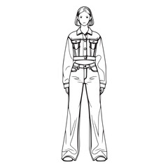 Fashionable young woman wearing a stylish denim jacket and wide leg jeans in a hand drawn sketch style