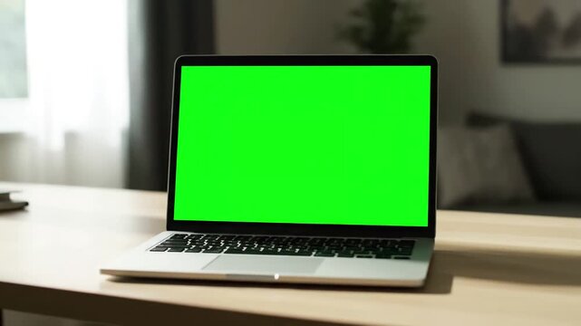 Green Screen laptop computer with mock up chroma key standing on home office desk nobody in it professional set is ready for e commmerce courses using isolated pc scene 4 distortion, overlay, glitch