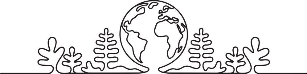 Earth Day World Globe One Line Drawing with Foliage Trees. Environment Concept