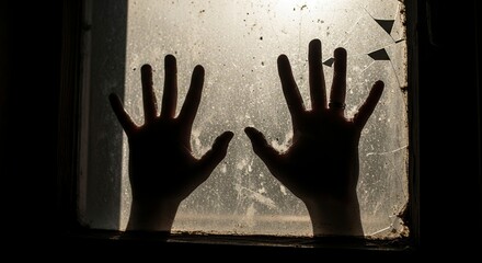 Silhouetted hands pressed against a dirty window pane in a dark eerie and mysterious atmosphere suggesting entrapment or a plea for help