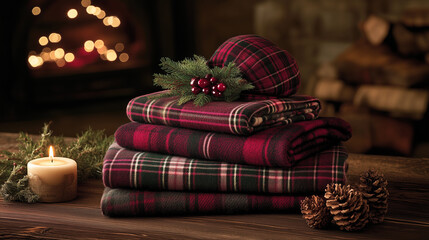 Cozy holiday decor with plaid tartan blankets and candlelight for Christmas and St. Andrew's Day celebration