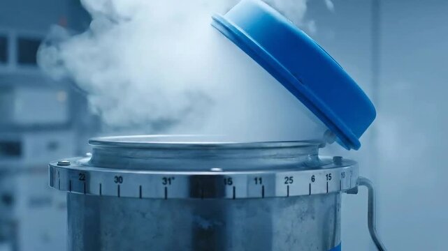 Close-Up Of Medical Cryogenic Storage Container With Lid Ajar Releasing Dense White Vapors In A Laboratory Setting