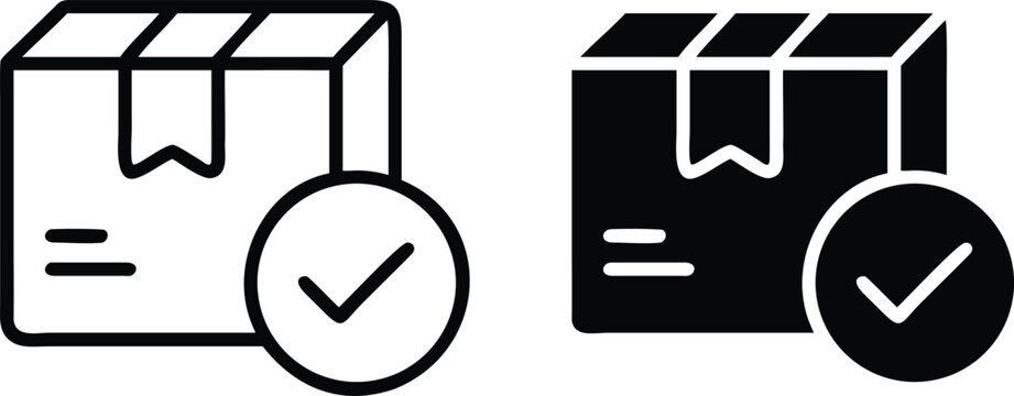 Package with Check Mark Icon &ndash; Delivery Confirmation, Approved Shipping, and Order Verification Symbol in Outline and Solid Style or Vector Silhouette. .eps
