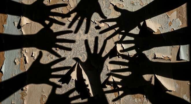 Diverse group of hands reaching towards the center creating a starburst effect against a textured background symbolizing unity and connection