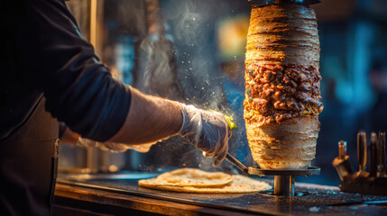 preparing doner kebab with vendor hands