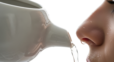 Woman using neti pot for nasal irrigation close-up with water dripping  isolated on a transparent background 