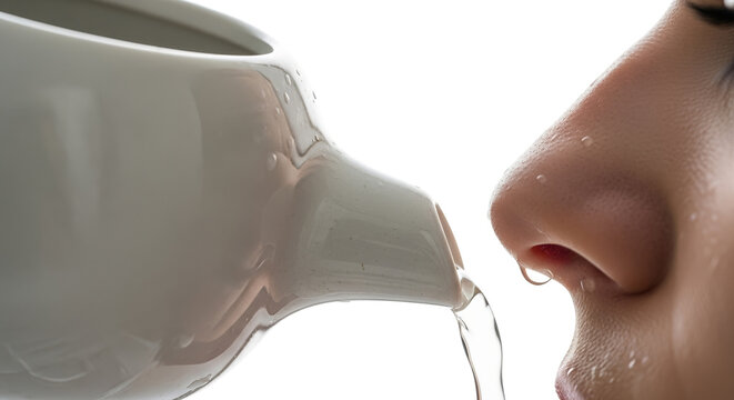 Woman using neti pot for nasal irrigation close-up with water dripping  isolated on a transparent background 