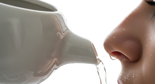 Woman using neti pot for nasal irrigation close-up with water dripping  isolated on a transparent background 