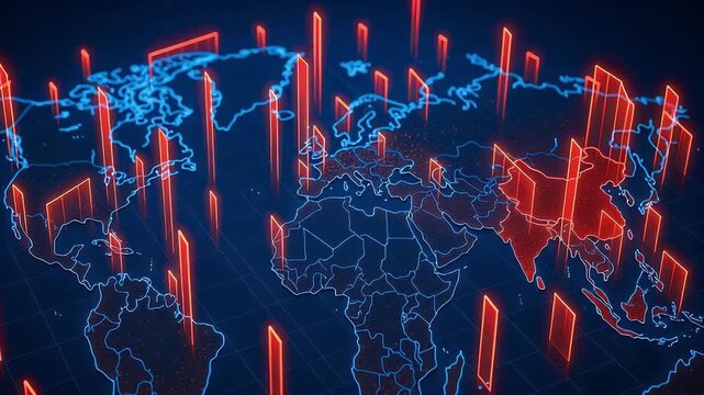 Neon world map glowing with blue outlines and rising red data bars digital global visualization of network analytics and concentrated cybersecurity activity across regions