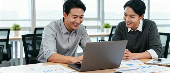 Two young businessmen collaborating on a laptop in a bright modern office, symbolizing innovation, teamwork, and the power of shared ideas driving creativity and progress in a professional environment