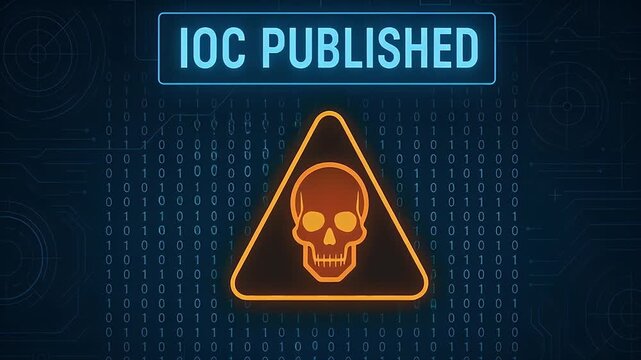 IOC published cyber security malware alert skull warning hazard symbol neon binary code digital threat urgent danger notification dark network circuitry neon triangle caution icon