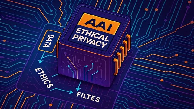 Futuristic microchip circuit board technology ethical privacy data processing flow filter glowing neon circuitry secure motherboard responsible AI control ethics filtering flows - Powered by Adobe