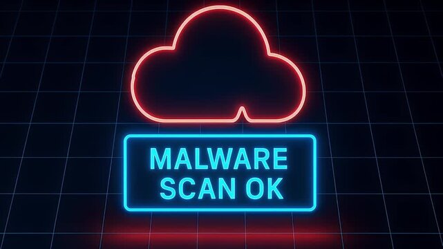 Cloud icon neon sign malware scan security status cyber technology neon cloud outline above glowing sign reading malware scan ok futuristic cyber security theme with grid floor blue red glow