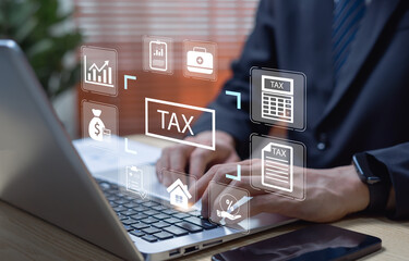 Businessman calculating tax payment and income report, financial accounting and taxation management concept, government finance, business audit, and compliance process.