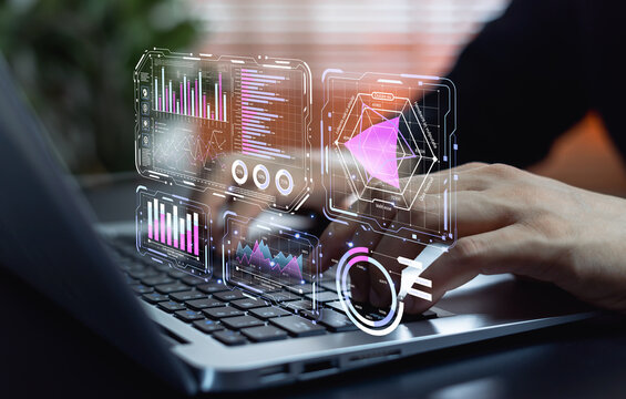 Businessman analyzing digital data on performance dashboard, using technology and analytics charts for operations management, reporting, and business performance overview.