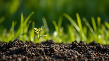 Young plant growing from soil against a grassy nature background.