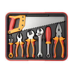Professional set of construction tools including saw pliers wrench and screwdriver in a modern case isolated on transparent background