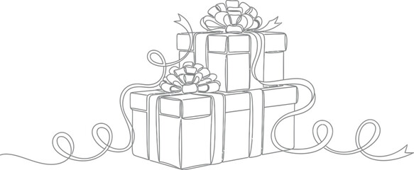 Elegant single line drawing of stacked gift boxes with ribbons and bows design