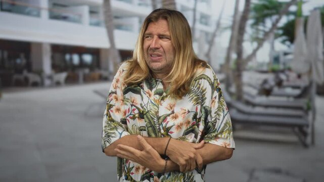 Blond man with long hair hugging arms and shivering in a floral shirt inside hotel building; discomfort unease anxiety distress.