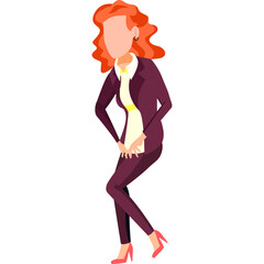 Pixelated Woman In Business Suit Standing On White Background Holding Her Stomach With Red Curly Hair And Red Shoes