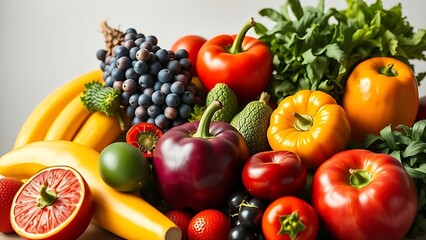 A vibrant arrangement of fresh fruits and vegetables, artfully composed under natural daylight.