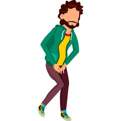 Pixelated Man Wearing Green Hoodie Yellow Shirt and Purple Pants with Arms Crossed in Front of Body on Transparent Background