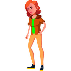 Red Haired Teen Girl With Angry Expression Wearing Orange Hoodie and Green Shirt Tan Pants and Black Shoes Standing Against Transparent Background