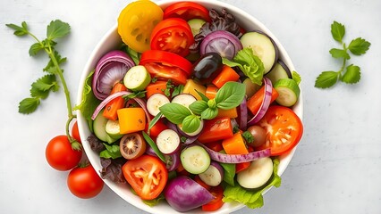 A vibrant salad bowl filled with fresh vegetables, artfully arranged and captured from an overhead angle.