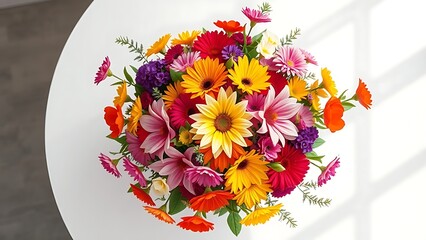 Vibrant floral arrangement captured from above on a clean white surface.