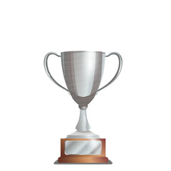 Silver Trophy Cup On Wooden Stand With Blank Plaque For Award Ceremony And Achievement Recognition On White Background