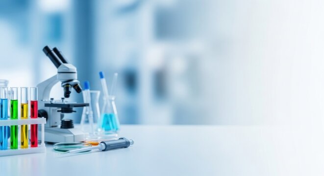 A laboratory microscope with test tubes and a syringe on a white table in a laboratory setting.