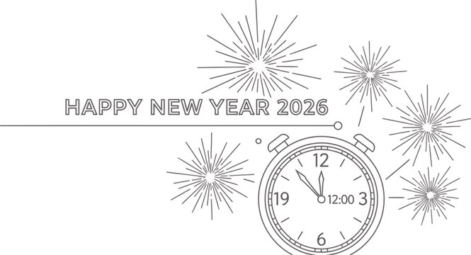 Happy new year 2026 celebration with fireworks and clock striking midnight design