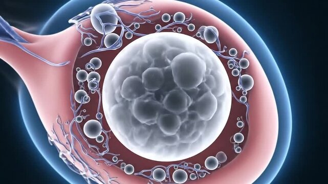 Close up of Ovum Anatomy with Blue Veins Medical Animation on Black Background Showing Ovarian Follicles and Oocyte for