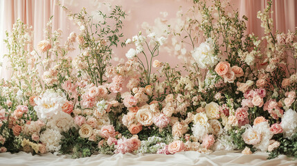 Romantic wedding backdrop in soft pink adorned with delicate roses, peonies, and lush greenery creating elegant and dreamy floral arrangement for special occasions