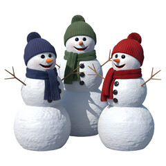 Three cheerful snowmen wearing colorful hats and scarves standing together isolated on transparent background