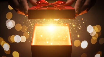 Hands opening a glowing gift box with sparkling light and bokeh effects
