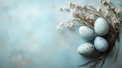Soft pastel blue Easter background with four speckled eggs and delicate white dried flowers arranged on right side, creating calm and gentle spring atmosphere
