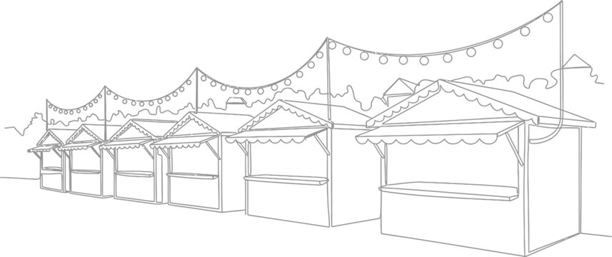 Line drawing of market stalls with string lights in a row on white background