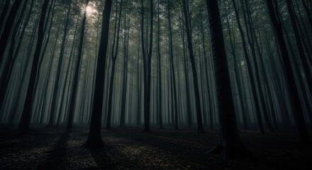 Fototapeta premium Sunbeams pierce a dark, foggy forest canopy with tall trees.