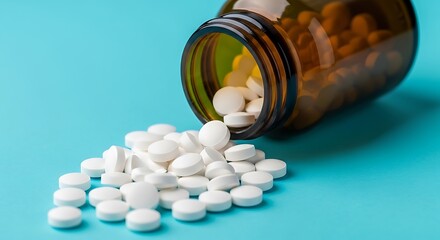 A brown glass medicine bottle tipped over spilling white pills onto a bright teal background