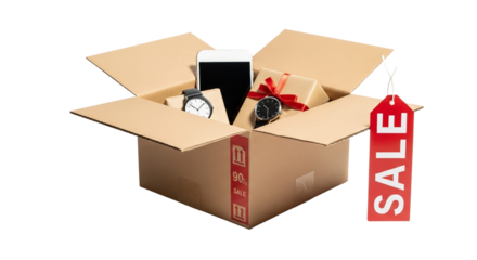 Open cardboard box with sale label containing watch and smartphone  isolated on a transparent background 